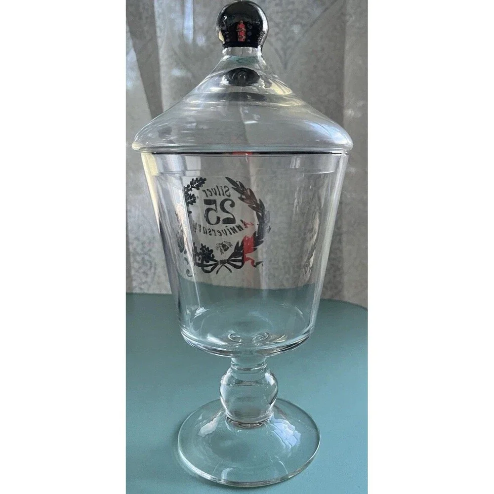 Vintage Clear Glass Candy Jar w/ Lid Silver 25 Anniversary Wreath Round WV.